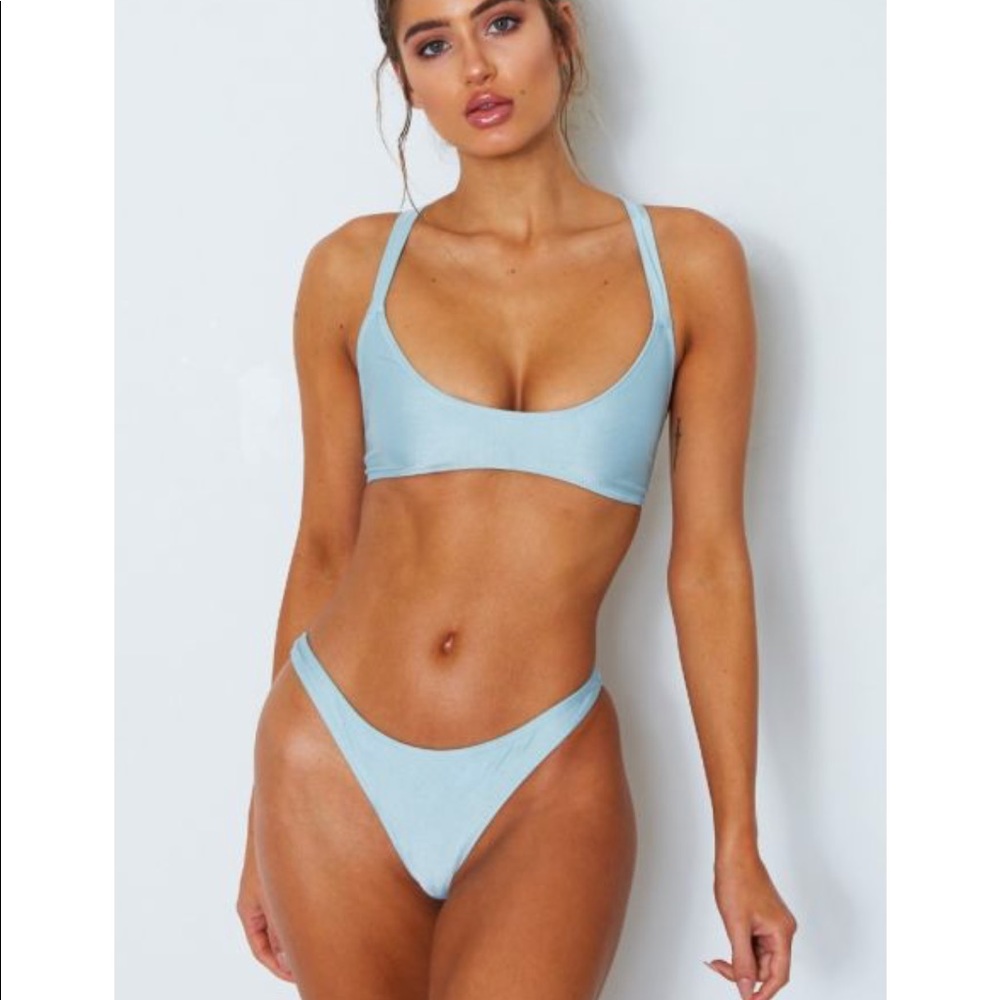 White fox baby blue thong/ bikini top set